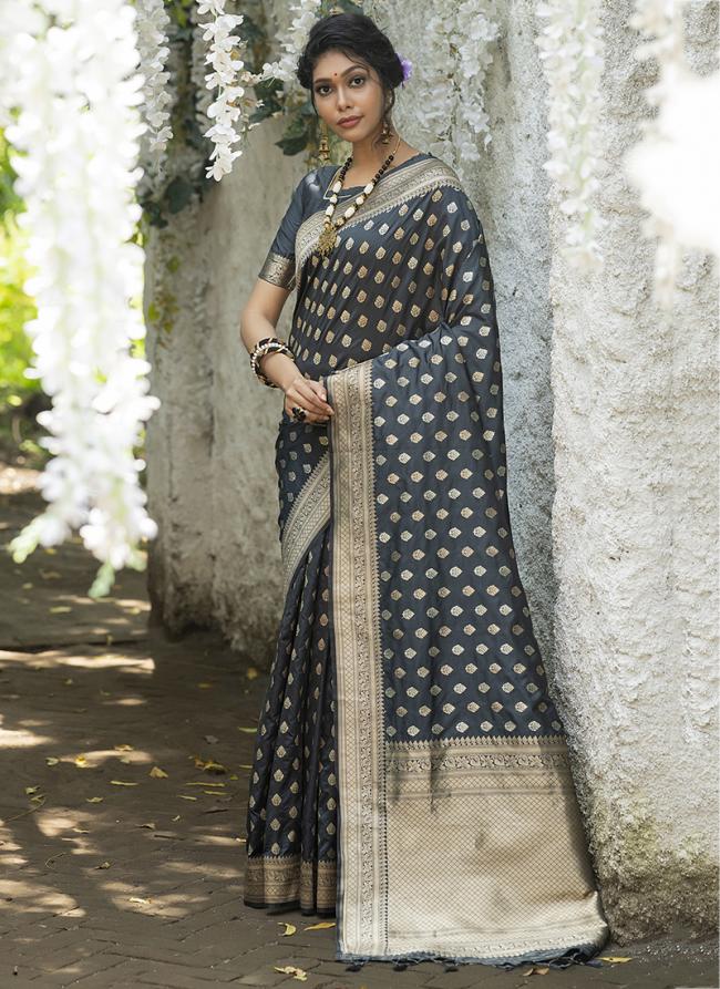 Grey Soft Banarasi Silk  Traditional Wear Zari Work Saree